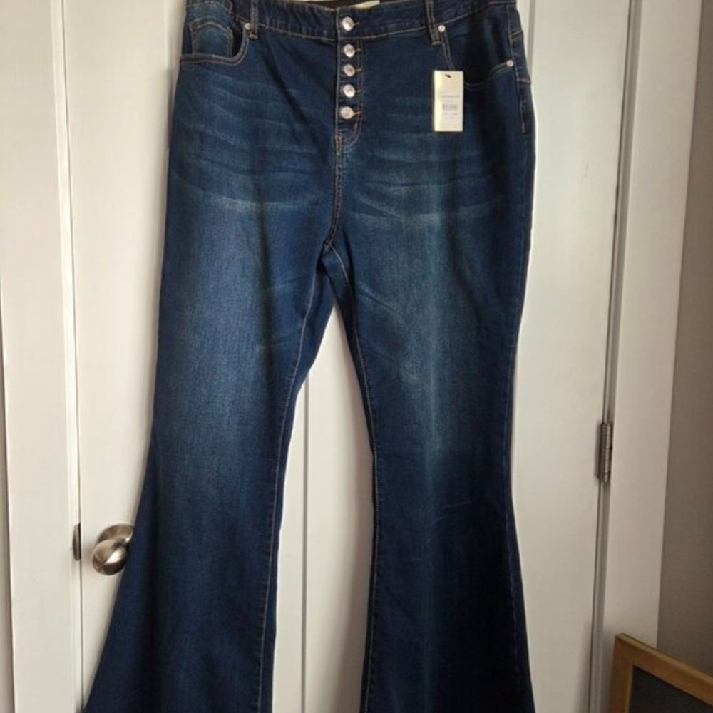 Areology Dark Blue Button-Fly Flare Jeans Raw Hem